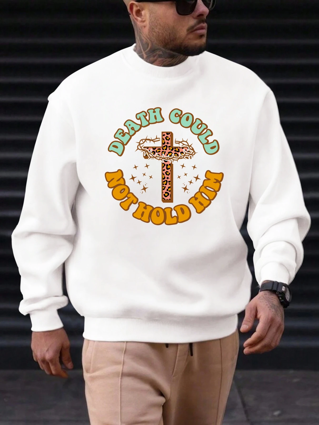 

2025 New Men's Cotton Crewneck Sweatshirt Vintage Retro Leopard Cross & Thorn Crown Print Trendy Casual Streetwear Top