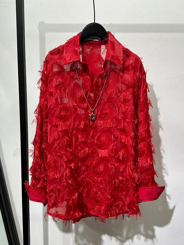 Loose Red Long Sve Men's irt Feather Tassel Drapey k Small ence Stand Fit Cotton Polyester Blend Iron Free