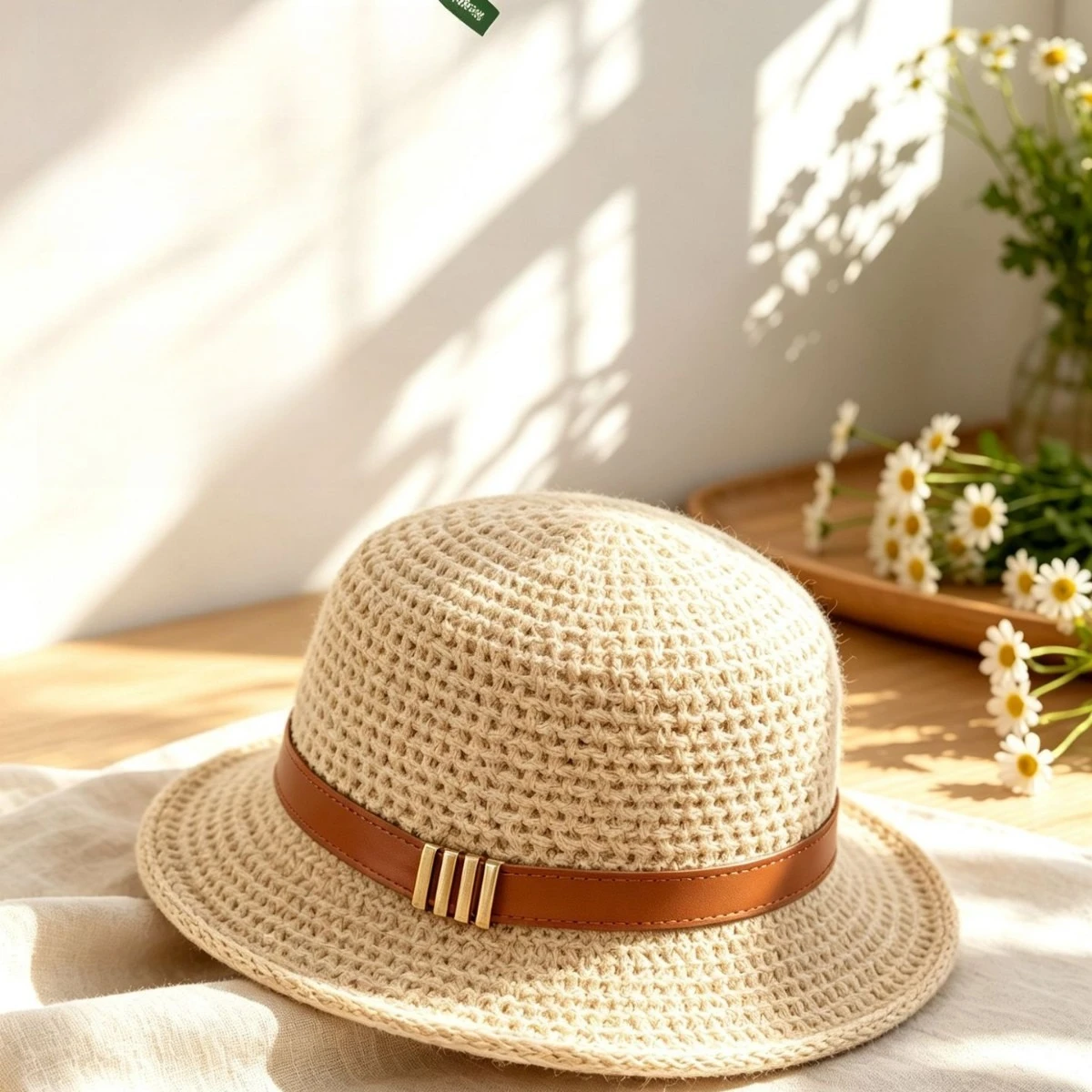 Winter Warm Hat Flat Top Sun Hat Delicate Weaving Knitted Top Hat Summer Hat Pearl Elastic Ribbon Hat Wide Brim Caps For Women