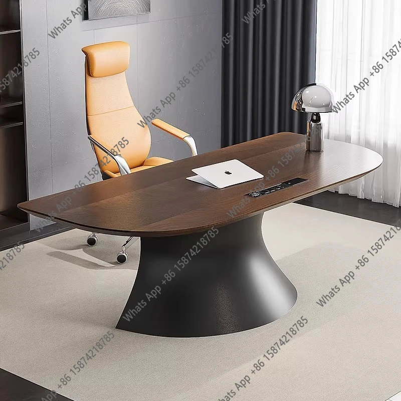 

Стол руководителя из массива дерева с кожаной отделкой, простой, современный, элегантный, офисный, высококачественный.