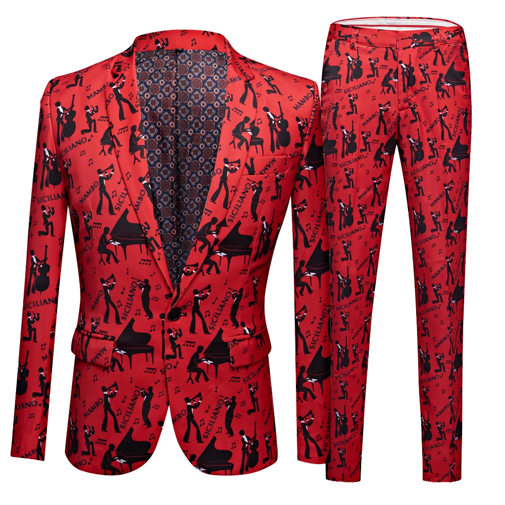 

Men's Suit Colorful Printing Jacket Party One Buckle Men Suit Slim Fit Fashion Graffiti Piano black printed Red suit coat