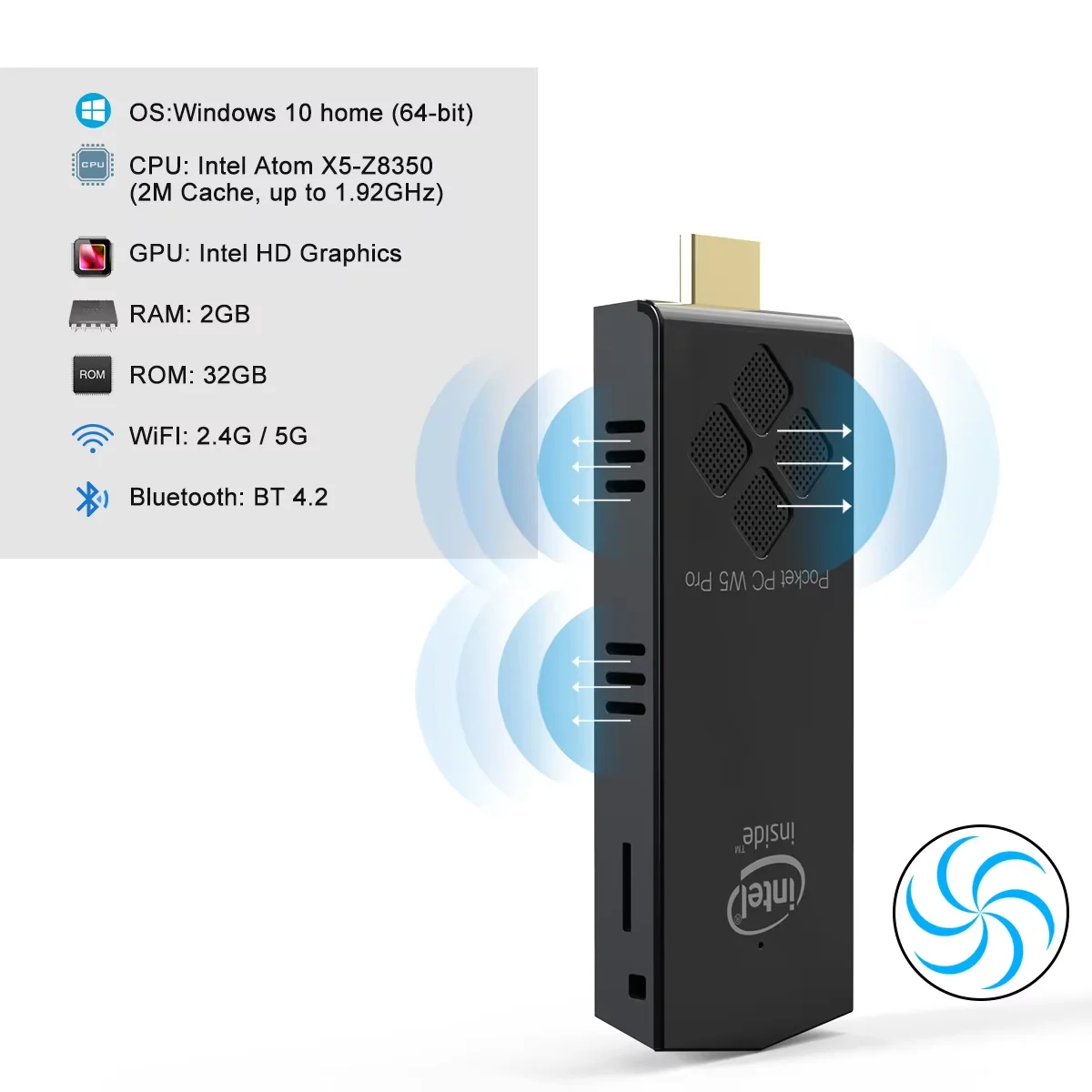 W5 Pro Mini PC Stick Intel Atom Z8350 1,44 ГГц 2 ГБ/4 ГБ/8 ГБ DDR3 64 ГБ/128 ГБ eMMC 5G WiFi HDMI Windows 10/Linux