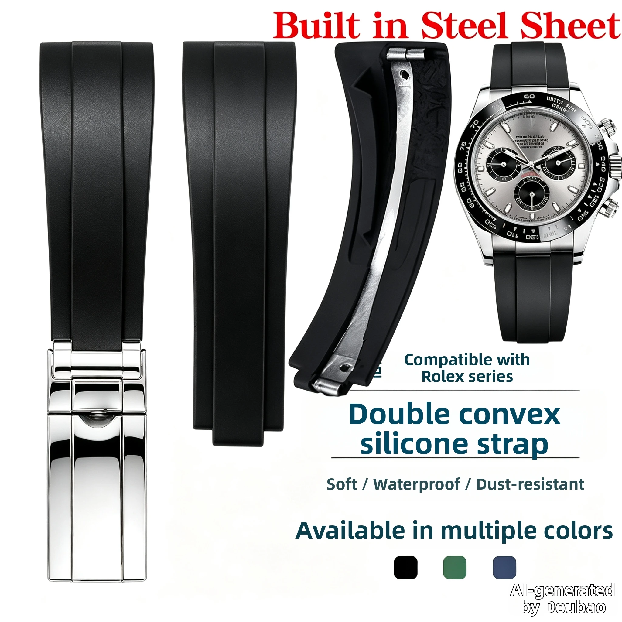 50/60/70mm Length For Rolex Daytona Water Ghost Yacht Gmt Built In Steel Watch band Fine-tune clasp 20mm Men Fkm Rubber Strap