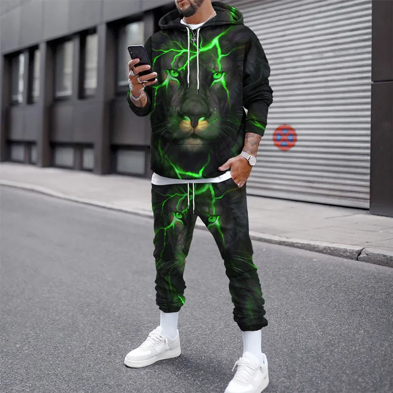 3D nadruk lew Oversized Sportswear dresy swetry bluzy z długim rękawem bluzy dresowe zestawy mężczyzna zima odzież męska