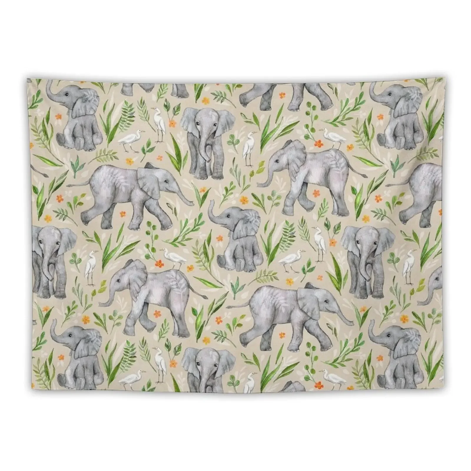 

Baby Elephants and Egrets in Watercolor - neutral cream Tapestry Bedroom Decoration Wall Decor Art Mural Tapestry