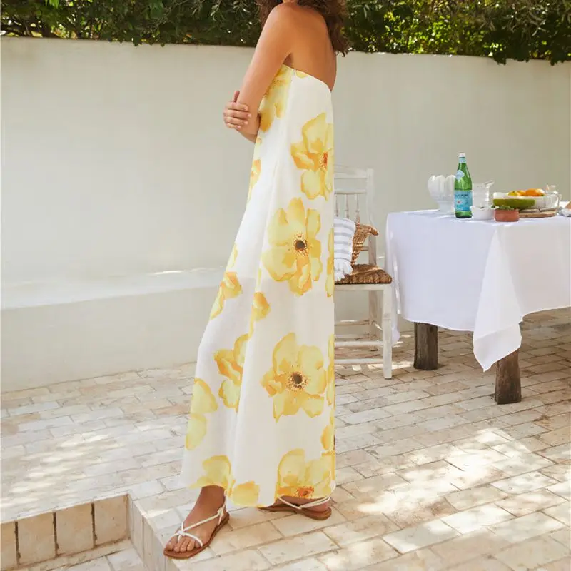 Women Summer Boho Beachwear Aesthetic Floral Print Strapless Off Shoulder Backless A-line Tube Long Dress Streetwear