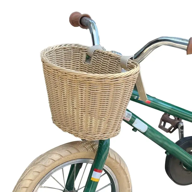 Bicycle Front Wicker Woven Basket for Kids Bike Scooter Handmade Waterproof Durable Storage Basket Detachable Baggage Bags