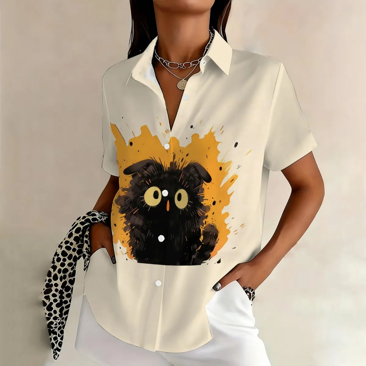 

Summer fashion plus-size women's short-sleeve lapel shirt, healing&fun prints,perfect for street casual wear and art exhibitions