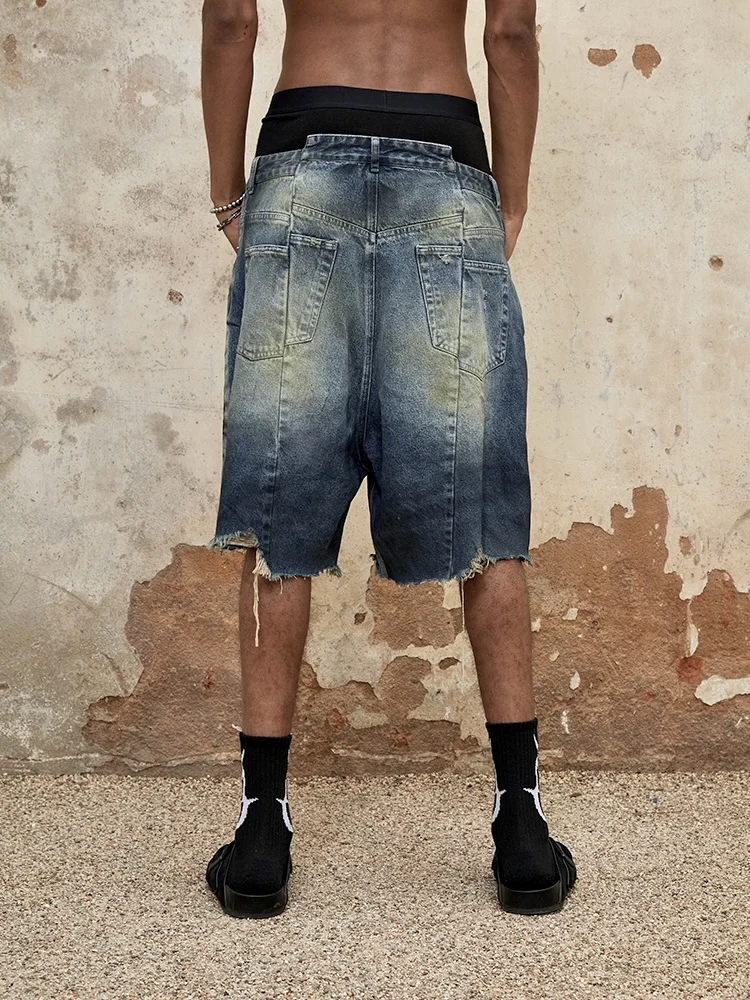 e Project 24SS Casual Loose Fit Blue Denim orts Waed out Hand-Painted Deconstructed Design Youth Summer Wear