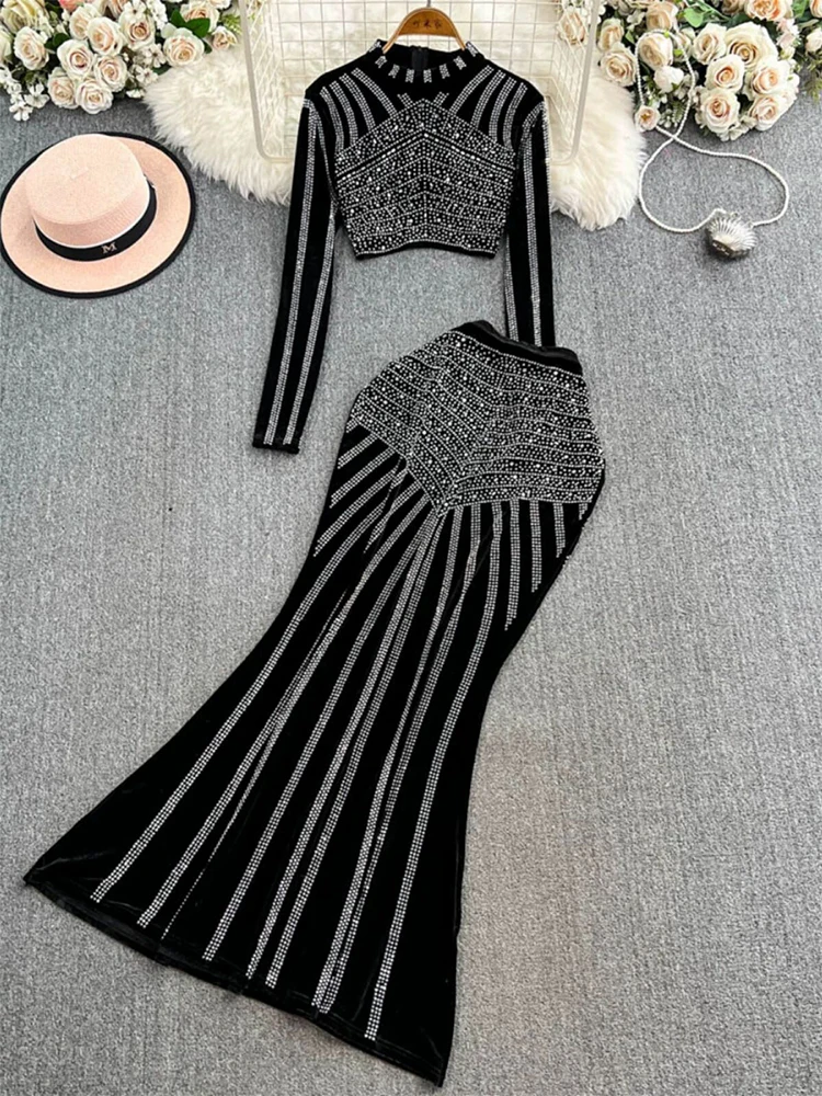 High Quality Diamond Studded Short Top+High Waist, Hip Hugging Fish Tail Skirt Set 2024 New Fashionable Women'S Clothing