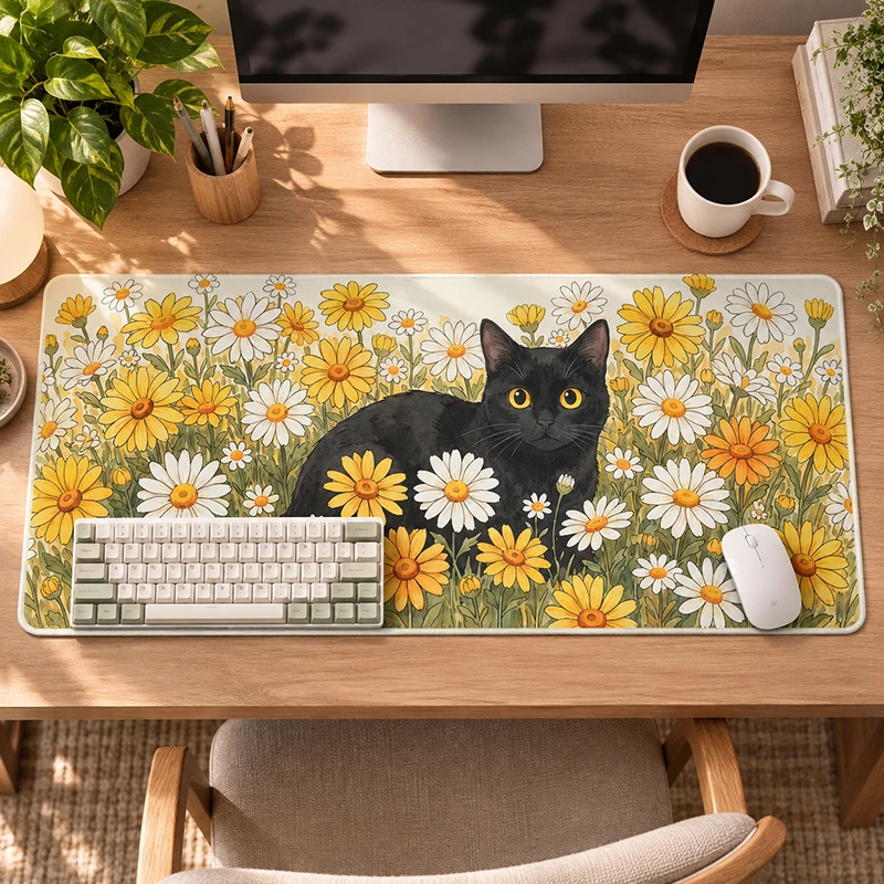Mouse Pad Black Cat Yellow White Daisies Gaming printon demand Mousepad XXL Mechanical Keyboard Pad Soft PC Desktop Mouse Pad