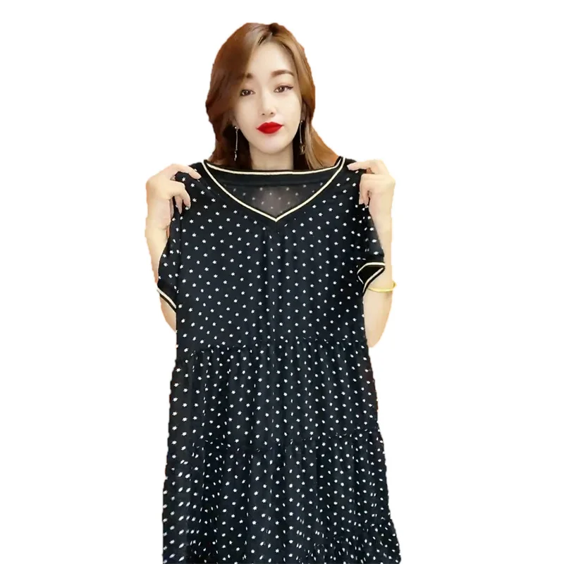 2024 New Summer Speckled Chiffon Dress For Womens Clothing Summer Casual V-neck Dot Dress Large Size Slim mother's Dresses AC218