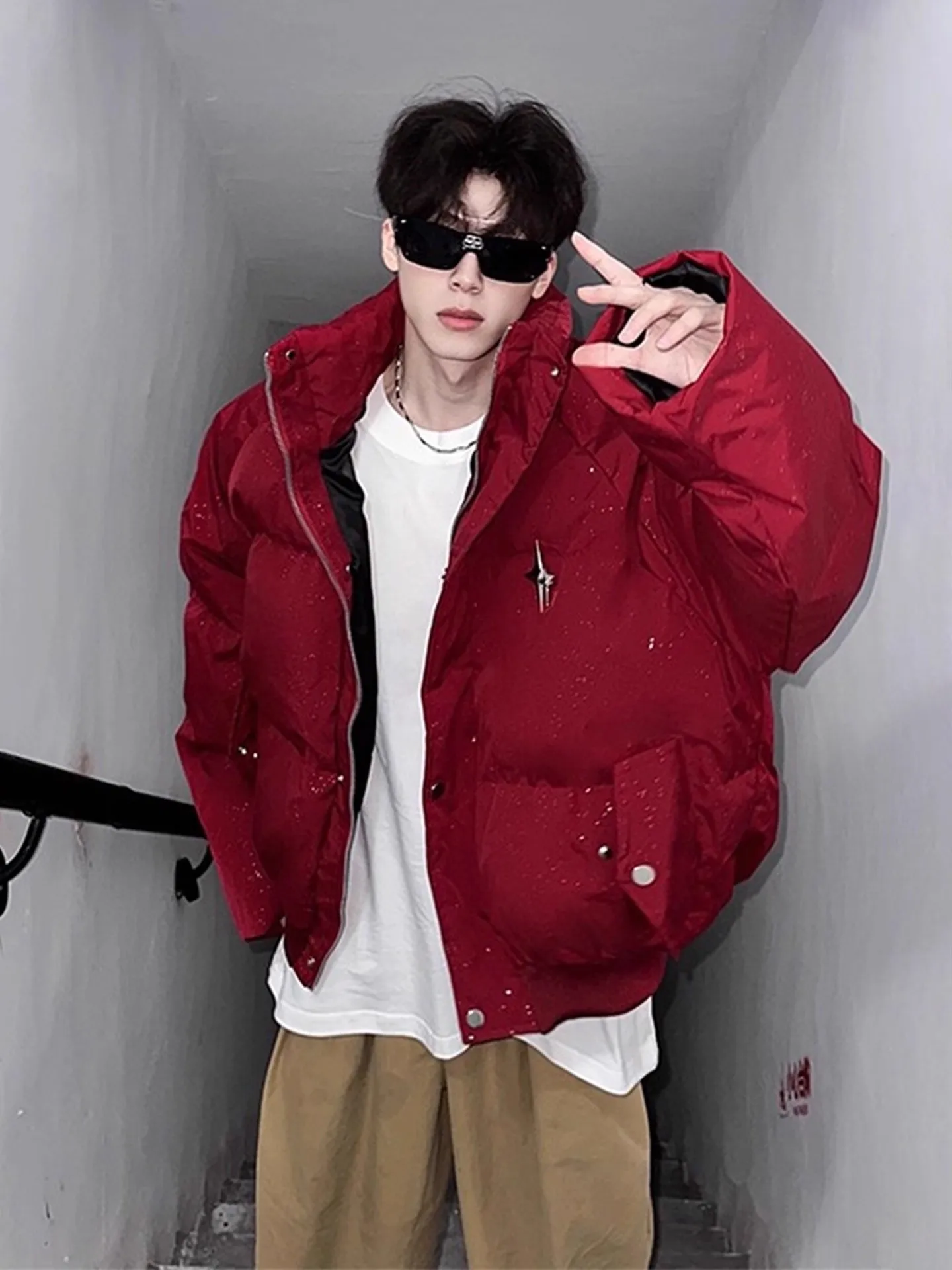 

Men's Cleanfit down Cotton Jaet Red Brown ort Thi Winter Outerwear Warm Long Sve Zipper Closure Color Casual Coat