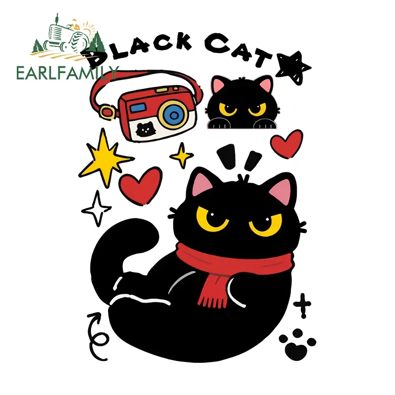 EARLFAMILY Black Cat Anime Sticker Beautiful Lucky Cats Graffiti Journal Decoration Decal Laptop Trunk Rearview Mirror Accessory