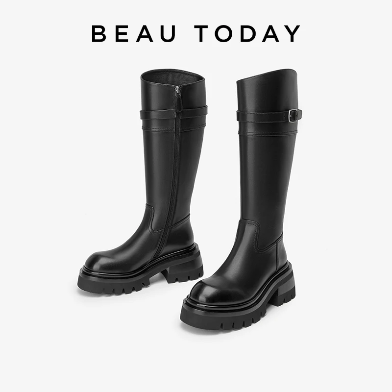 

BEAUTODAY Long Boots Women Calfskin Leather Round Toe Buckle Strap Thick Sole Zipper Fashion Ladies Shoes Handmade 01472