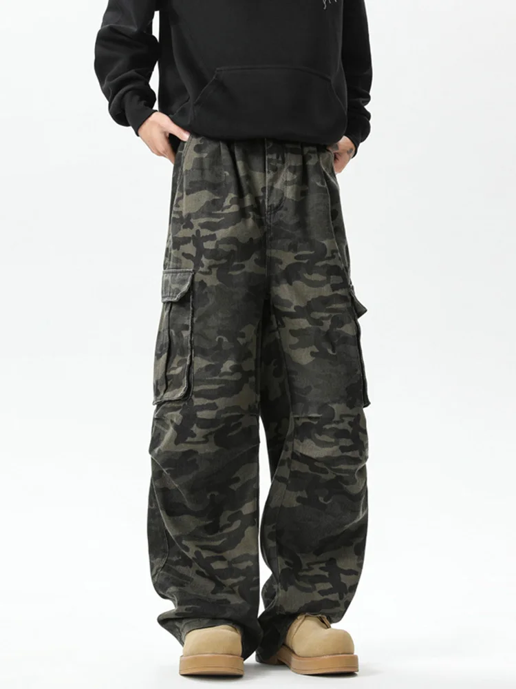 Camouflage Micro Flared Knife Pants For Men's Spring And Autumn American Fashion Brand Loose Floor Mopping Wide Leg Cargo Pants