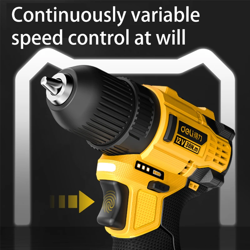 Deli 12V Cordless Drill Rechargeable Electric Screwdriver Dual Lithium Battery Household Multi-functional Power Tools