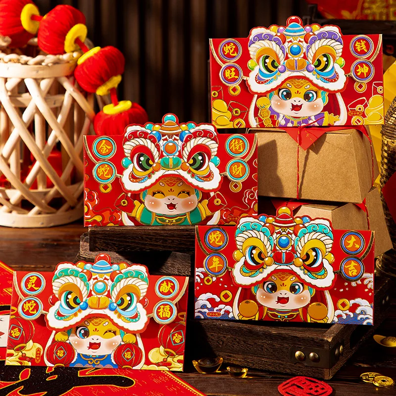 6Pcs New Year Red Packet 2025 Waking Lion Model Year of the Snake Red Packet Chinese New Year Lucky Bag Gifts for Kids