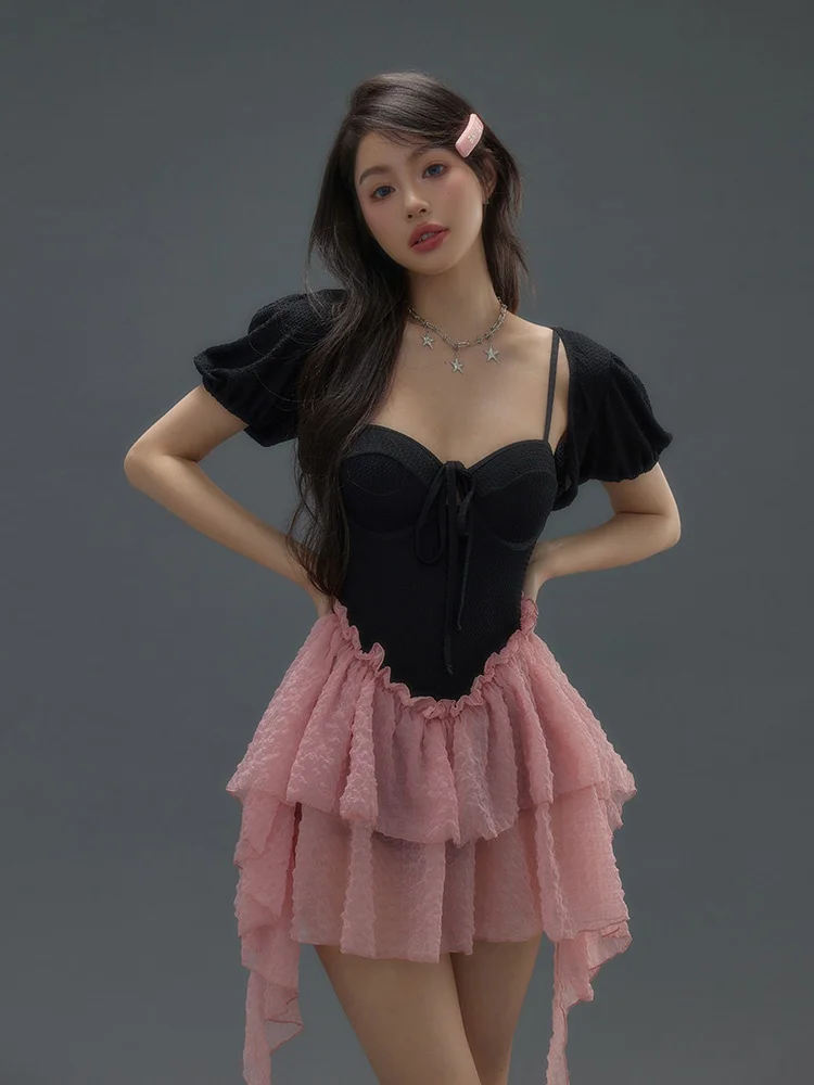 Roka Art 2023 New Vintage Style Pink Skirt Swimsuit Women's Thermal Vacation Cover-Up Slimming Belly Concealing One-Piece