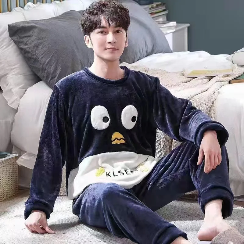 Cartoon Penguin Vintage Design Pajamas for Men Korean Kawaii Letter Print Men\'s Pajamas Set New Autumn Winter Warm Sleepwear