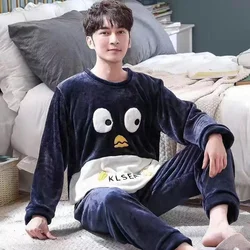 Cartoon Penguin Vintage Design Pajamas for Men Korean Kawaii Letter Print Men's Pajamas Set New Autumn Winter Warm Sleepwear