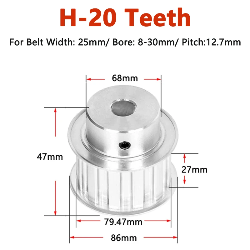 

1pc 20 Teeth H Timing Pulley 20T Aluminum Synchronous Wheel Bore 8 10 12 14 15 16 17 18-30mm for Belt Width 25mm Pitch 12.7mm BF