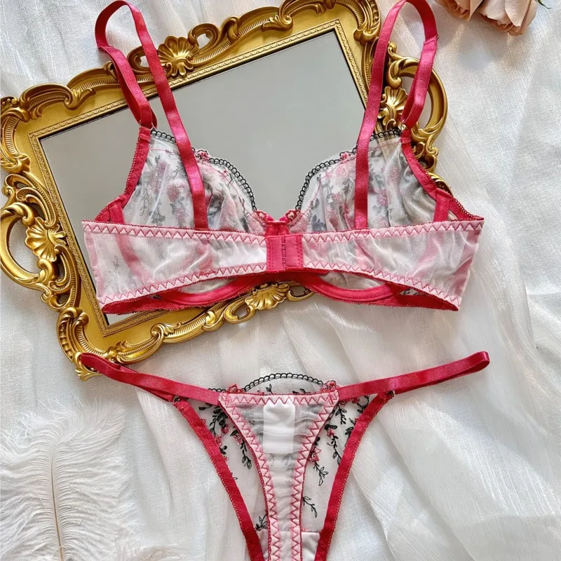 Exotic Fairy Lingerie PushUp Bra Embroidered Tulle Sheer Mesh 3Piece Transparent Intimate Wear for Women - Image 5