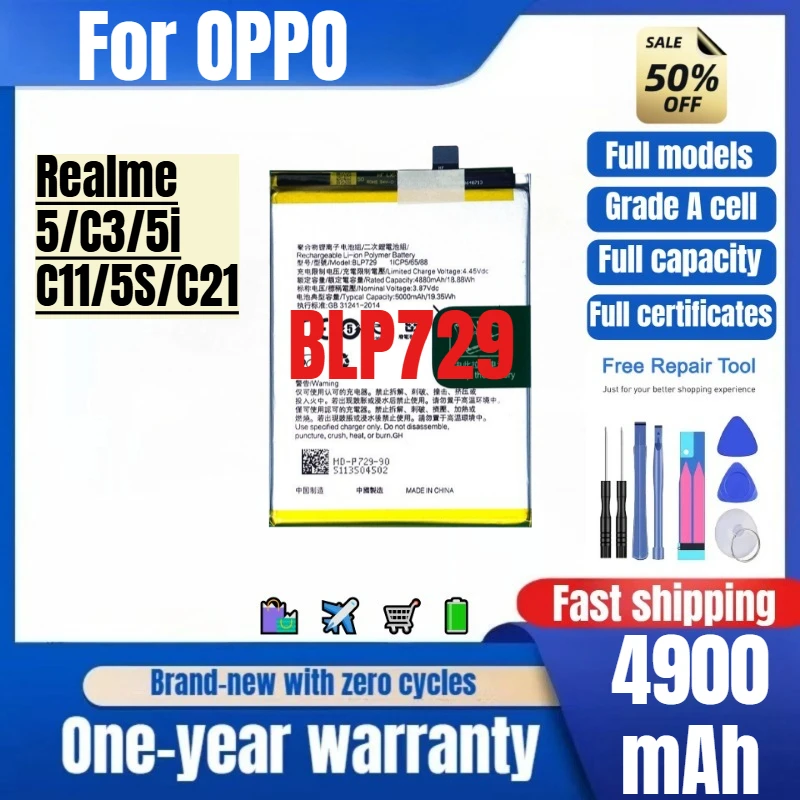 

BLP729 for OPPO Realme 5/C3/5i/C11/5S/C21 Phone Battery High Quality High Capacity Replacement Bateria Grade A Cell with Tools