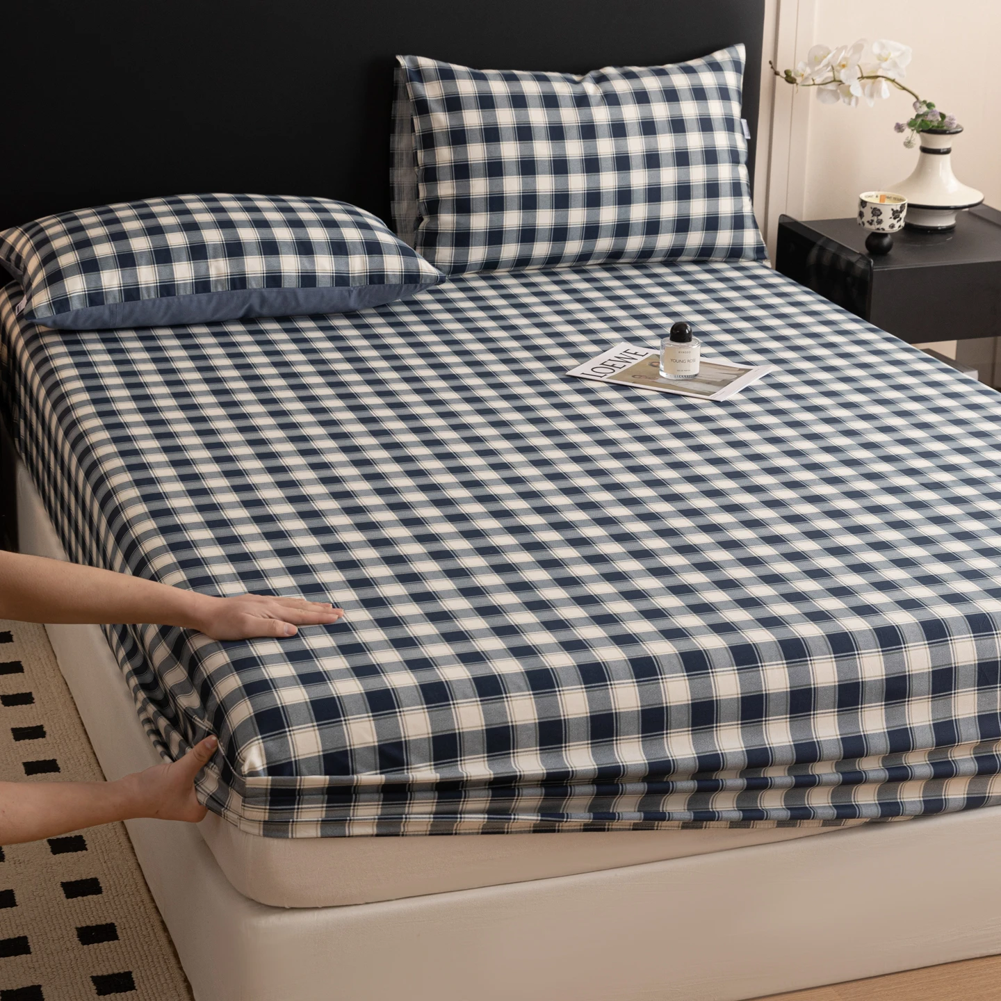 100%Cotton Checkered Stripe Fitted Sheet with Elastic Single/Queen/King Soft Fitted Bed Sheets funda nórdica cama 90 이불커버