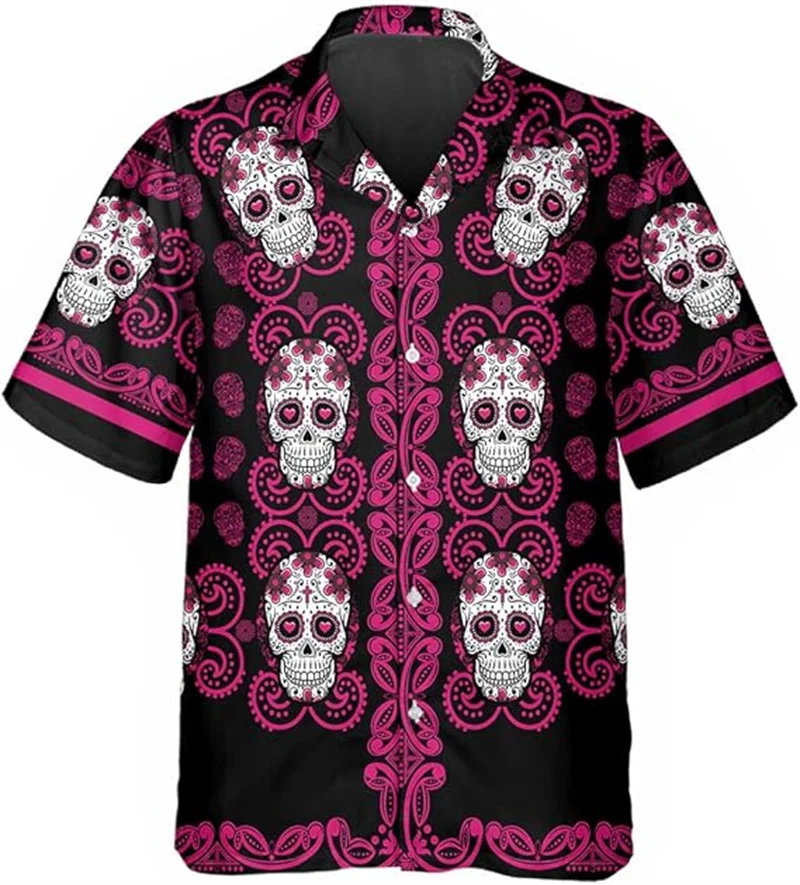 Gothic Skull Print Couple Button Up Men's Shirts Women Baroque Floral Skull Graphic Summer Casual Streetwear Tops Clothing