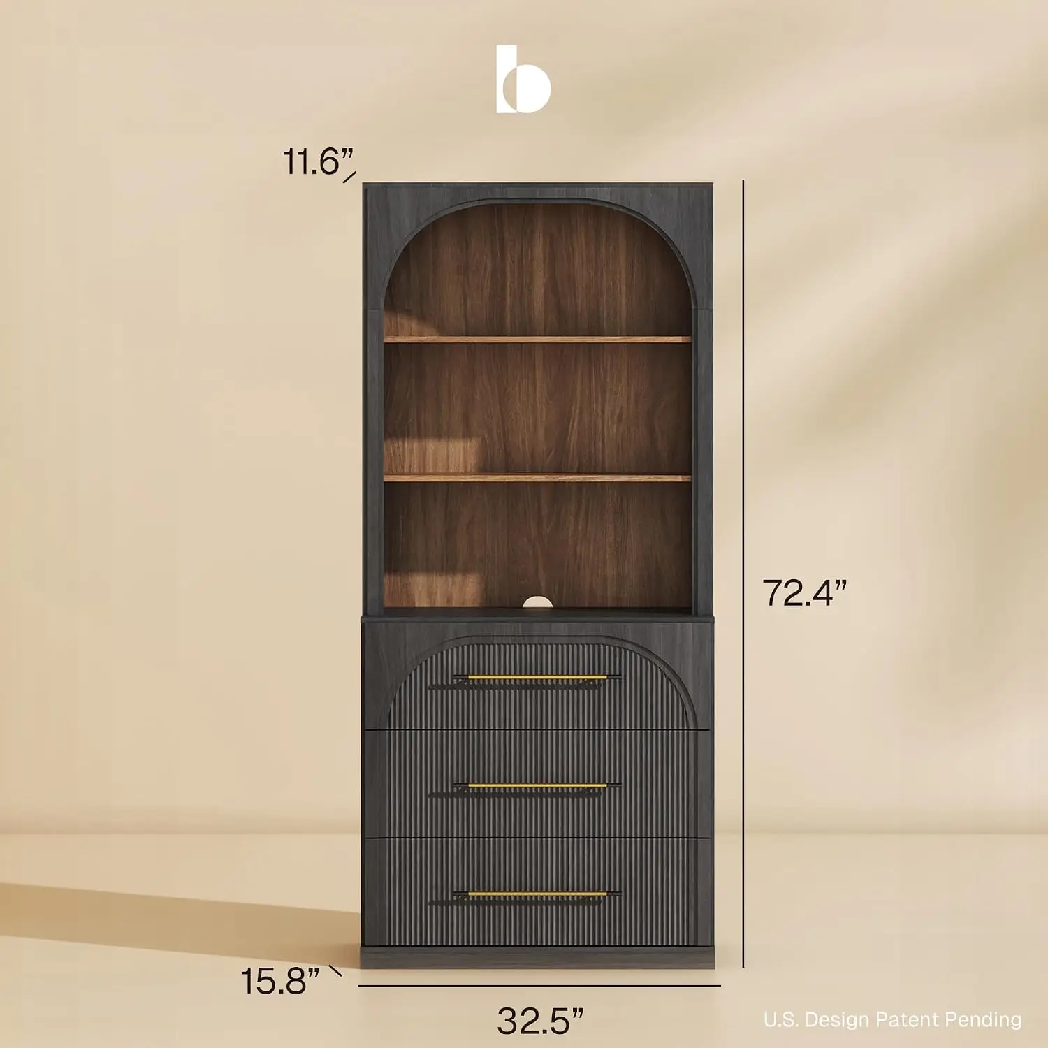 Arched Storage Cabinet Hutch, Bookcase Open Shelves, Display Shelf Fluted Design, Wood Highboard Living Room, Customized