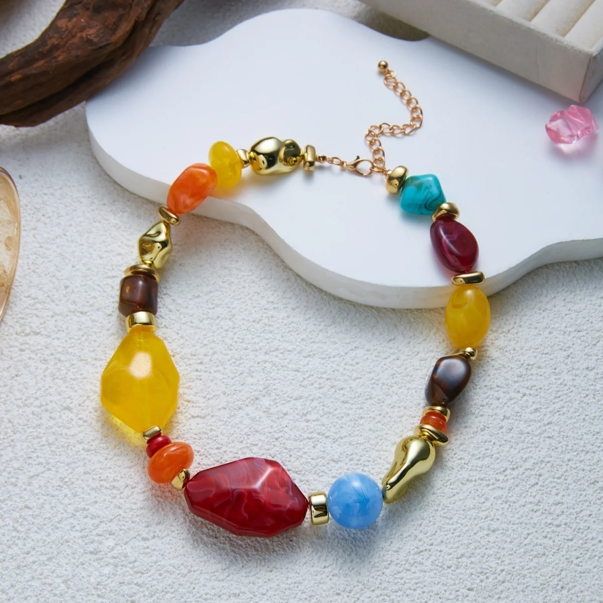 Klobige Unregelmäßige Acryl-Perlenkette für Damen und Herren, Bunte Imitations-Natursteinperlen-Halskette, Vintage-Punk-Schmuck – Detail 22