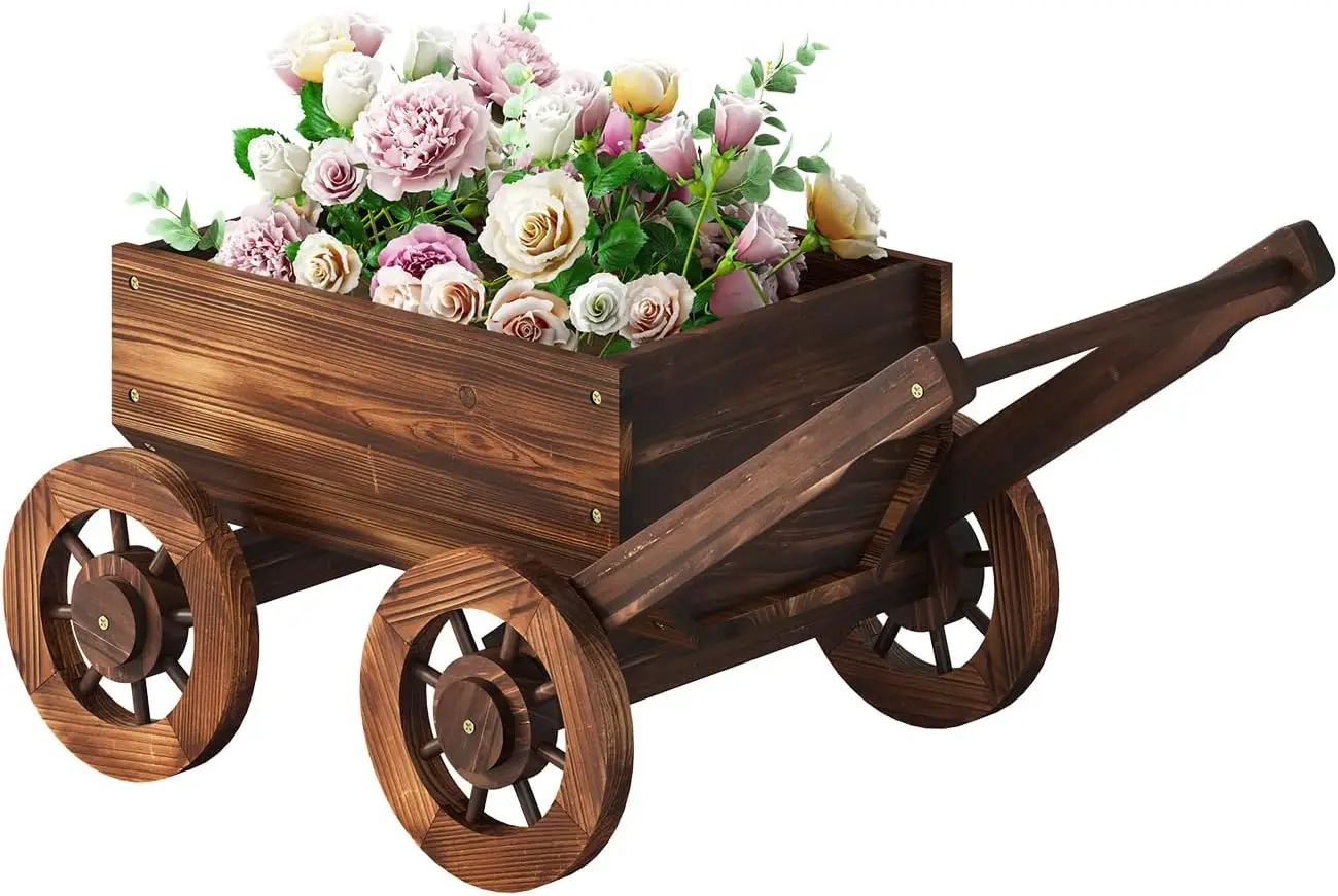 Pulijia Wooden Wagon Planter Outdoor Garden Planter, Trolley Decoration Succulent Flower Cart, Indoor Outdoor Backyard Balcon