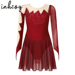 Womens Figure Ice Roller Skating Dress Mesh Long Sleeves Ballet Dress Rhinestone Gymnastics Leotard Performance Dancing Costumes