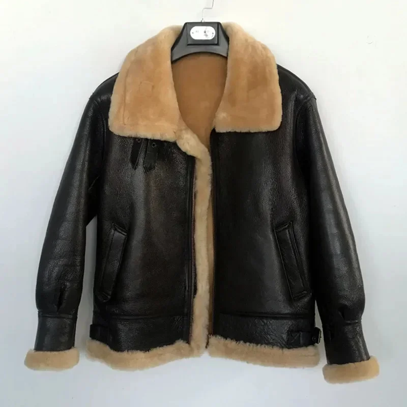 

Men Nature Original Sheepskin Fur Genuine Men's Motorcycle Jacket Thick Real Leather Top Man Winter Coat 2024