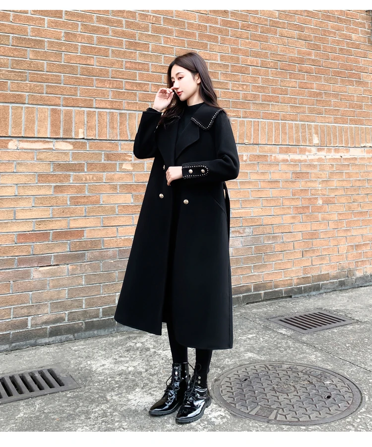 Nuevo abrigo de otoño e invierno para mujer, abrigo de lana de Cachemira de doble cara de longitud media ceñido con cintura para ir al trabajo a la moda