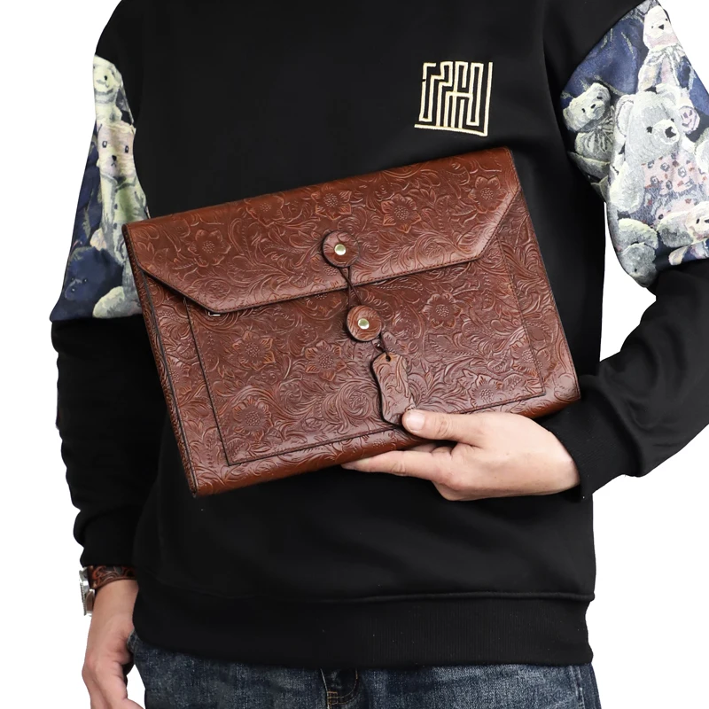 Thick Genuine Leather Document Bag A4 Men briefcase Portfolio Brown Clutch Purse Envelope Bags for ipad Vintage Handbag