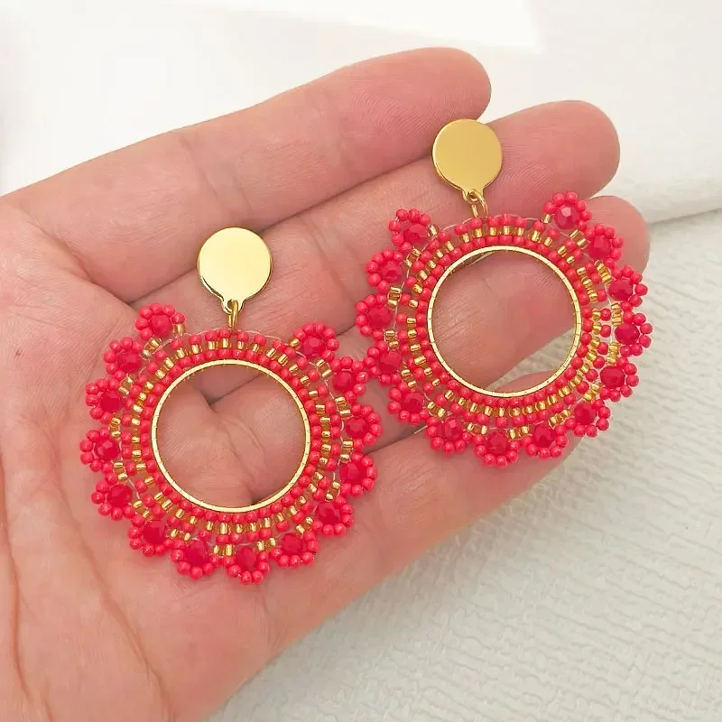 ZGMXR Hand Knitted Bohemia Red Alloy Rice Bead Earrings with Circle Crystal Sunflower Design Fashionable Originality