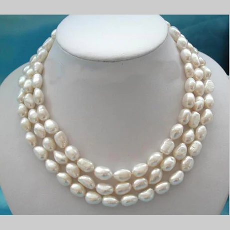 Favorite Pearl Jewelry,Stunning 3Row 9x13mm White Perfect Rice Freshwater Pearl Necklace,Birthday Party Wedding Women Gift