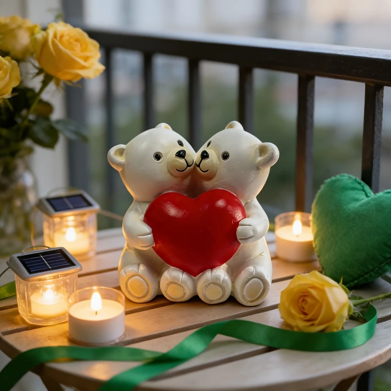 Resin Couple Bear Figurine With Red Heart, White Romantic Minimalist Tabletop Home Decor Ornament