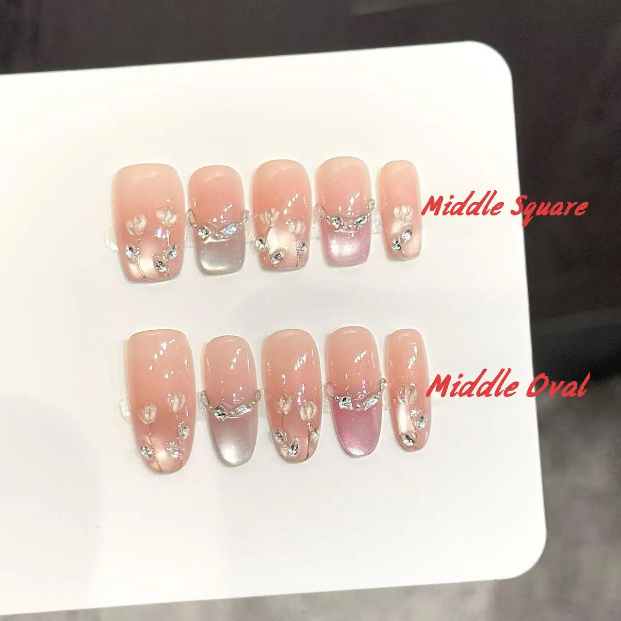 

10PCS Square/Oval Handmade Press On Nails,Naked Powder Gradient Cat's Eye Hand-painted Lily of the Valley,Festivals Parties