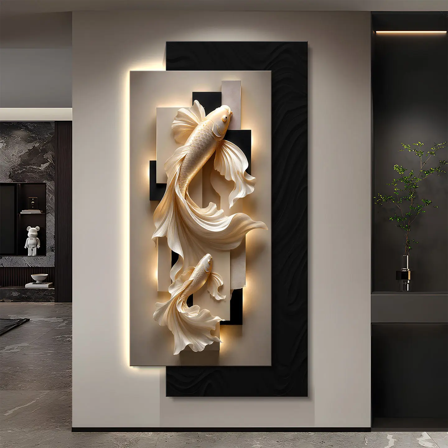The decorative painting of koi fish in the entrance hall, the three-dimensional sandstone glowing hanging painting, and the corr