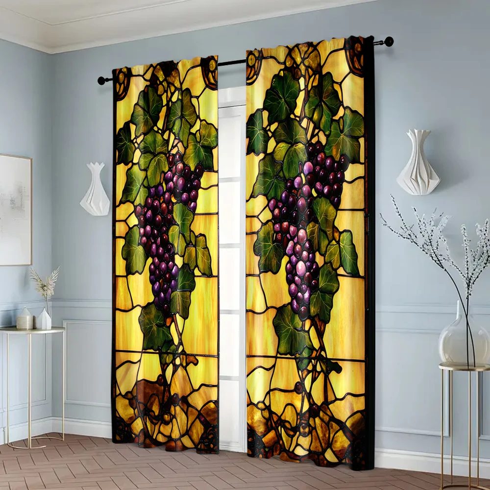 2pcs, Upscale Curtains Stained Glass Grapes Versatile Polyester Fabric (without rod) Stuff Clearance Perfect for Bedroom Living