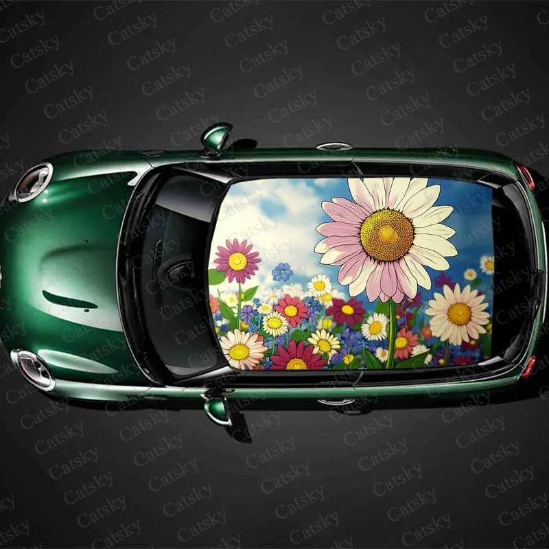 Beautiful Rainbow Flowers Print Car Roof Sticker Wrap Racing SUV Auto Accessories Packaging PVC Car Hood Graphic Decal Decor