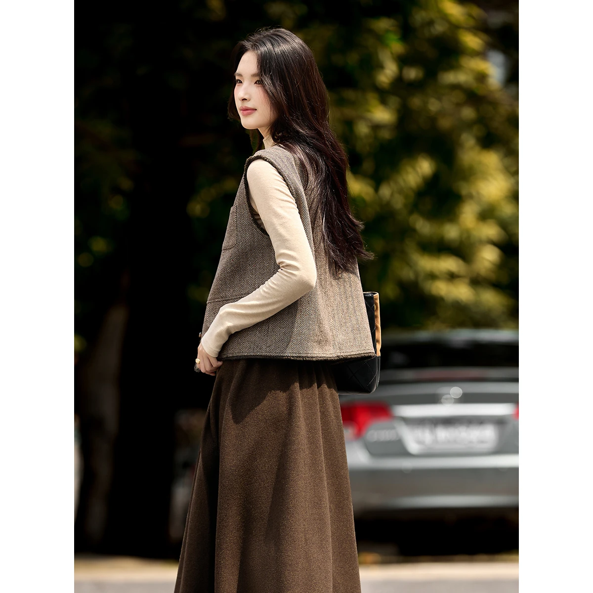 VIMLY Skirt Two-Piece for Woman Fall Single Breasted Round Neck Vest Long A-line Pleated Skirt Set Elegant Commuter Outfit A2938