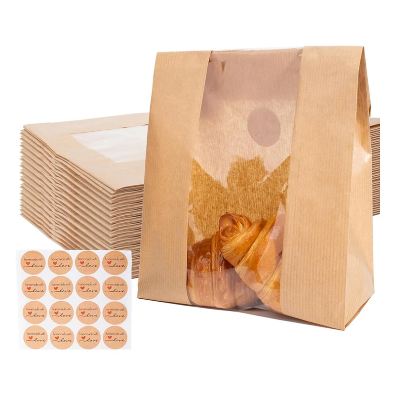 100 Packs Paper Bread Storage Bags With Clear Window Bread Bags With Seal Stickers For Cookies, Candies And Treats