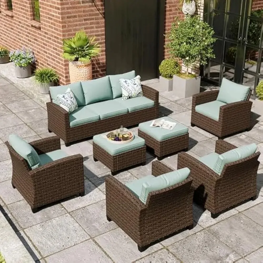 

Patio Furniture Set, 7 Pcs Wicker Outdoor Conversation Set, Single Chairs,3 Seater Sofa and Ottoman with 4" Thick Cushion,Blue