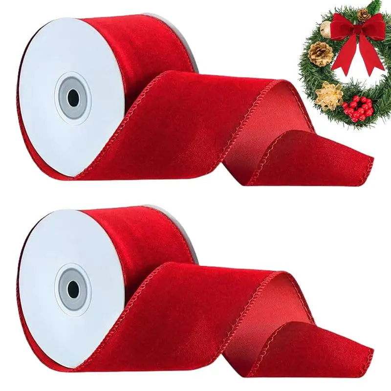 Red Wired Ribbon Wrapping Wired Ribbon Tie 2 Rolls Double-Sided Christmas Velvet Ribbon Crafts Supplies Wide Ribbon For Handmade