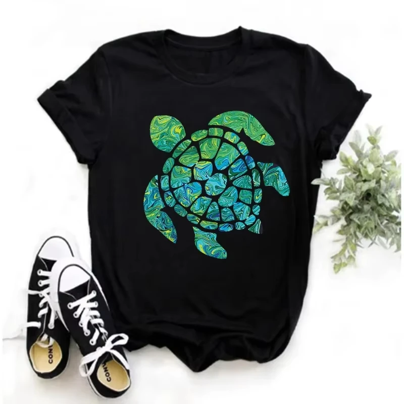 Unisex T‑shirt Sea Turtle Graphic Tee Crew Neck Short Sleeve Ocean Animal Watercolor Marble Print Casual Streetwear Top