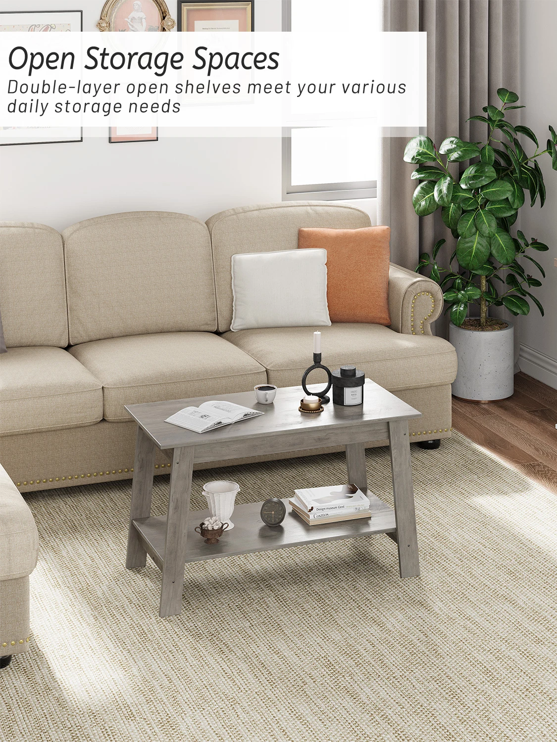 Rustic Farmhouse Wood Coffee Table with Storage Shelf, Rectangular Small Center Side Table for Living Room, Easy Assembly